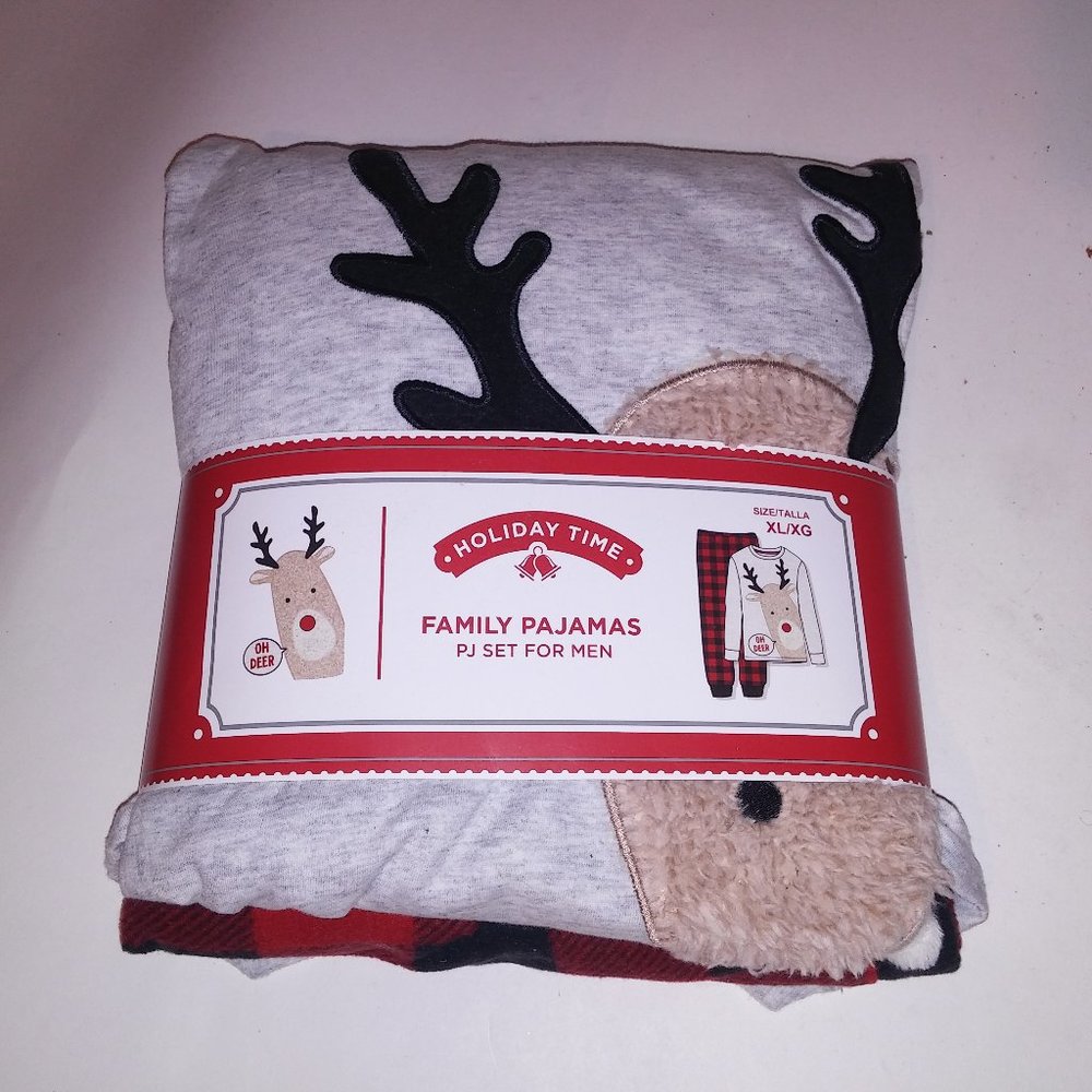 Holiday Time Mens‎ Pajama Set XL Christmas Red Gray Black Reindeer Checkered "Oh